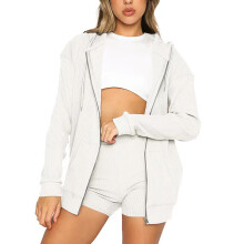 Sweatsuit For Women 2 Pieces Set Velvet Solid Color Sports Suit Zipper Cardigan Long Sleeve Hooded Sweatshirts Shorts Set Athletic Set,White
