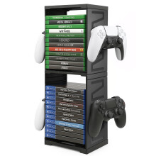 JF HOME BLISS Game Storage Tower Universal Vertical Stand Holds 24 Discs for PS5 Xbox Series X/S Switch PS4 Blu-Ray Double-Tier Organizer with Contro