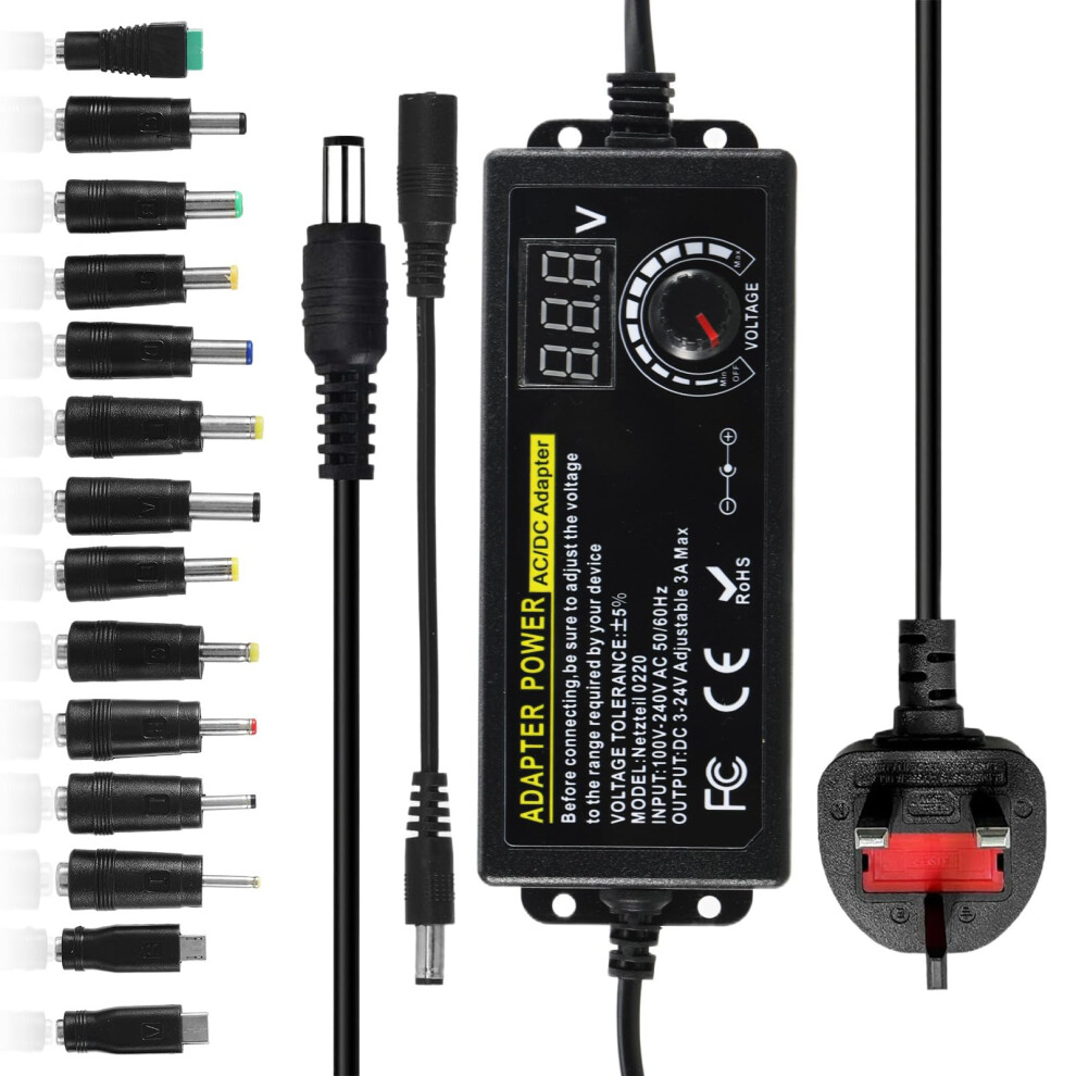 Qessuvnc Universal Power Adapter Ac 100V~240V To Dc 3V~24V 3A 72W, Adjustable Variable Power Supply With 14 Kinds Of Plugs, Ac/Dc Adapter Charger Wit 5003050992764