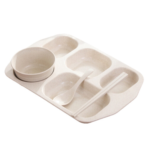 13.6*9.3 In Divided Dinner Plates Square 4 Pc Plates Set Buffet Plates Five-Cell Grid Beige Home Stackable Plates 1