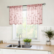 Blush Pink Sheer Kitchen Curtains 30 X 24 Inch Length 2 Panels Embroidered Leaf Pattern Short Bathroom Window Curtains for Small Window Valance Tiers