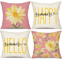 Ensemble de 4 housses de coussin 45 x 45 cm, motif marguerites aquarelle, décoration extérieure estivale « Hello Sunshine » – Compatible avec