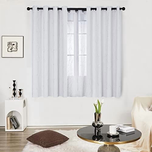 Grey-White Blackout Curtains with Silver Wave Dots, 52x63", 1