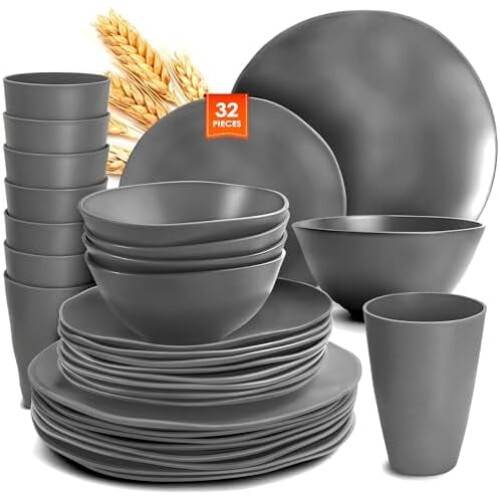 32-Pc Plastic Wheat Straw Dinnerware Set for 8, Unbreakable Outdoor Camping Dishes, Compatible with Dishwashers