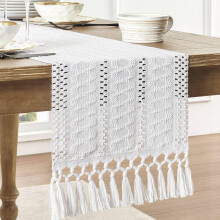 Chemin de table bohème, style macramé, couleur ivoire, tissé, décoration intérieure rustique, 30 x 183 cm, blanc