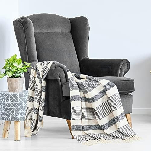 Cotton Throw Blanket Blue White Herringbone 50x60 1