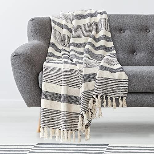 Cotton Throw Blanket Blue White Herringbone 50x60 2