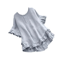 VERUGU Blusa túnica informal de manga corta para mujer, cuello redondo con botones y volantes, mezcla de algodón y lino, corte holgado, gris XL