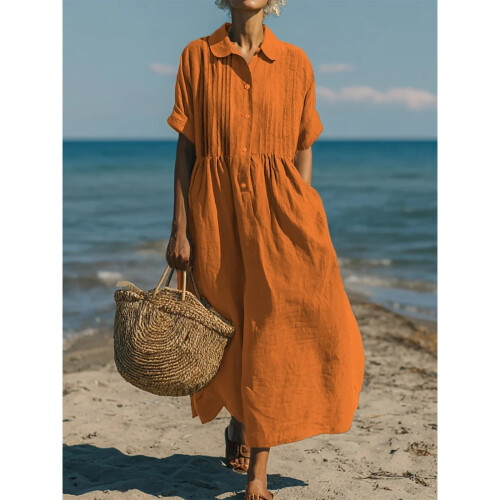 Γυναικείο Φόρεμα Plus Size με V-λαιμόκοψη και κουμπιά μπροστά, κοντό μανίκι, χαλαρή 1