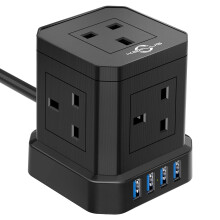 Cube Extension Lead with USB Slots, 5 Way Plug Extension with 4 USB(3.1A), KEPLUG Black Multi Plug Power Strip 2m Extension Cable,3250W/13A UK Power