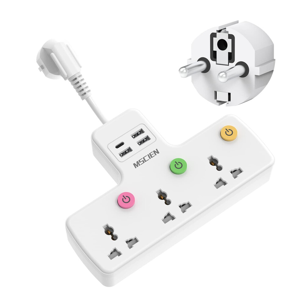 Travel Plug Extension, Uk To Eu Multi Plug With Usb, 3 Way Individual Switched Sockets With Usb C Extension Cord (10A/2500W) 5006406225196