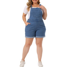 Salopette corta taglie forti da donna, tuta intera con orlo arrotolato e tasche in denim, taglia 4X, azzurro cielo