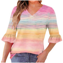 Γυναικεία Μπλούζα με Στάμπα και V-Neck, Βολάν & Πιέτες – Άνετο Ύφασμα, Ελαστική Μέση