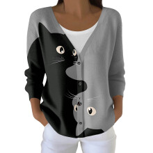 Cardigã feminino aconchegante com estampa de gato, elegante jaqueta de tricô de manga comprida, ideal para outono/inverno – Cinza-claro, tamanho P