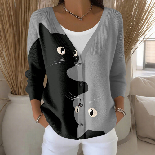 Ζακέτα Cozy Cat-Knit για γυναίκες, Κομψό πλεκτό μπουφάν με μακριά μανίκια, 1