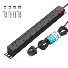 Extension Lead Surge Protection 7 Way Power Strip with Switch, Multi Plug Socket Horizontal 13amp PDU Power Distribution Unit, Rack Mount Power Outle