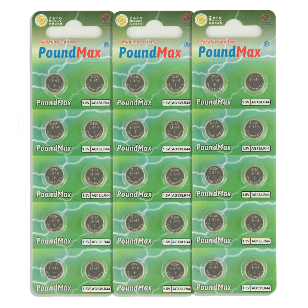 30 X Ag13 Lr44 Sr44 L1154 A76 1.5V Poundmax Alkaline Button Batteries 11053934