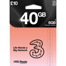 Three Pay As You Go Sim Card With 40GB of data and Unlimited Minutes/Texts