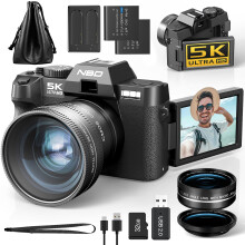NBD 5K 64MP Digital Camera, Wi-Fi & App Control, 16X Zoom, Autofocus, Anti-Shake, 180 Flip Screen, Macro & Wide-Angle Lenses, Includes 64GB TF Card