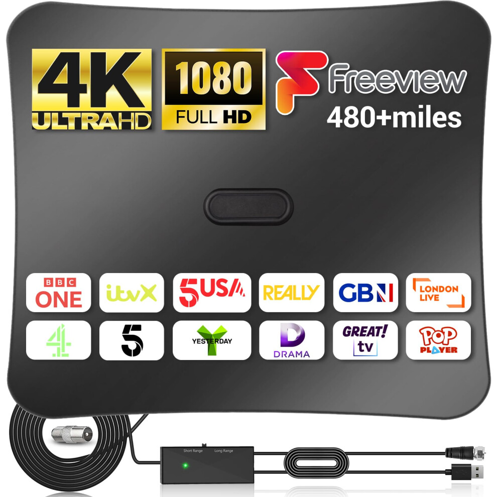Indoor Tv Aerial - 2025 Upgrade Digital Aerial With Booster 480+ Long Range Reception For Freeview Tv Support 4K 1080P Hdtv & 5M Coax Cable 69980022