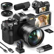 NBD 8K 64MP Digital Camera, Wi-Fi & App Control, 16X Zoom, Autofocus, Anti-Shake, 180 Flip Screen, Macro & Wide-Angle Lenses, Webcam Function, Inclu