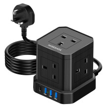 Cube Extension Lead with USB, NVEESHOX 5 Way Multi Plug Extension Cable with 3 USB A & 1 USB C (PD 20W), UK Power Strip Surge Protected Extension wit