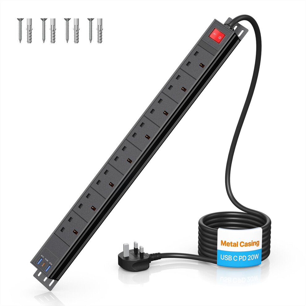 Ohuo 8 Way Power Strip Extension Lead With Usb C Pd 20W, Surge Protected Power Socket Extension With 2 Usb-A Ports, Metal Casing 83848278