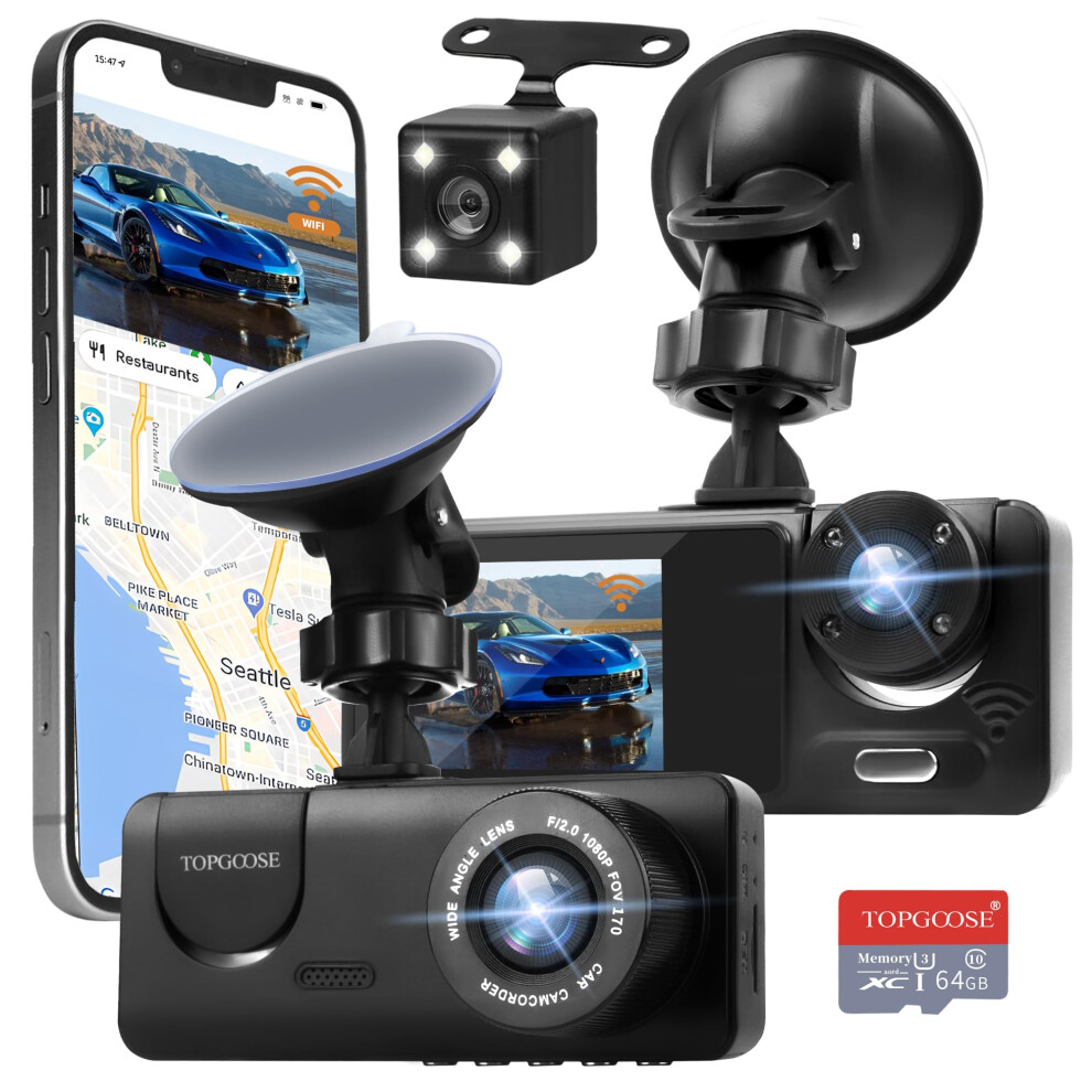 3 Channel Dash Cam Wifi Fhd 1080P Car Camera 64Gb Tf Card,Topgoose Front Dash Camera Front And Rear Inside For Cars,Mini Dashcams With Night Visi 8677736944995