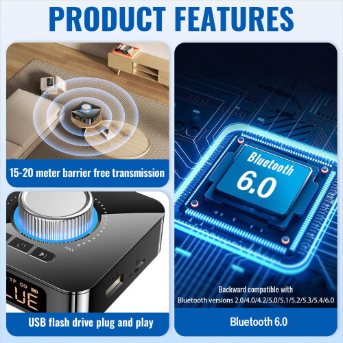Bluetooth 6.0 Receiver for HiFi, Bluetooth TV Adapter with Volume Control with LED Display Double Connection Receiver 3.5mm Aux for PC/Mac/Tablet/Sma 2
