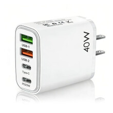 US travel adapter charger, US and Canada charger plug, 40W fast charger plug, with 2 USB-A and 2 USB-C fast charging ports, suitable for US/Canada/Ch