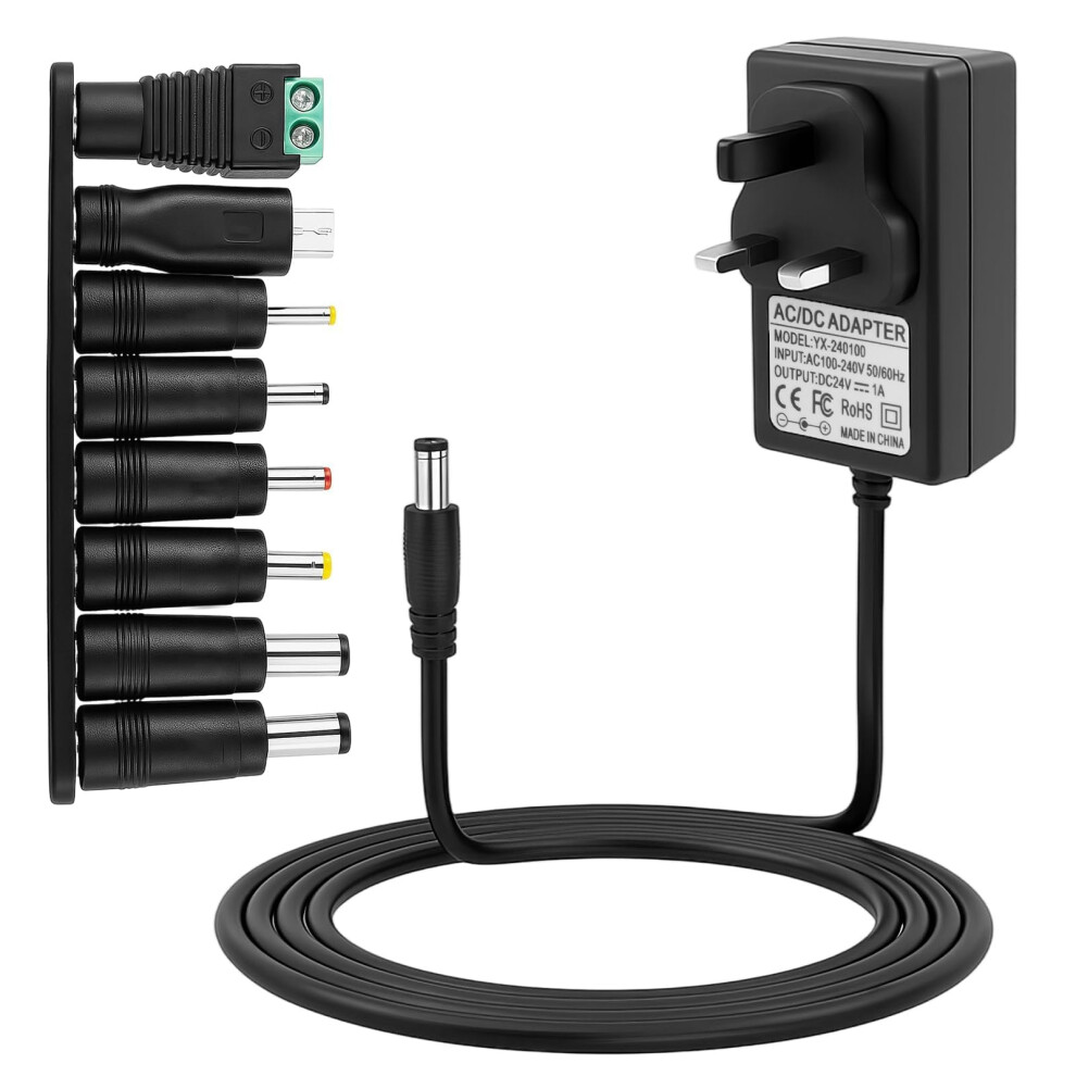 Photos - Cable (video, audio, USB) 24V 1A Power Supply Adapter, 100V-240V AC to DC with 8 Replacement Tip Universal 50/60HZ Multi Plug Charger Fit for 24V 1.0A