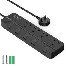 TOPREK 4 Plug Extension Lead with Ultra Wide Socket, Individual Switch 2 USB-A, 1 USB-C Extension Cable, 2m Extension Lead with USB Slots for Wall Mo