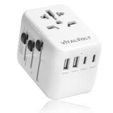 VitalVolt Universal Travel Adapter Worldwide All-in-One International Plug with 2 USB-C & 2 USB-A Fast Charging Ports, Dual Safety Fuse, Compact UK E
