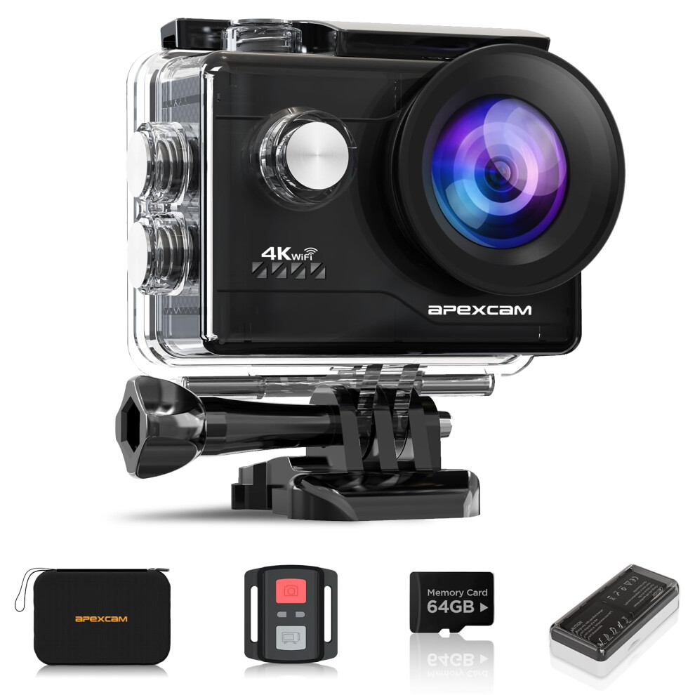 Apexcam Action Camera 4K 60Fps 64Mp With 64Gb Card Wifi Underwater Camera Waterproof 40M Sports Camera Eis With Ultra Hd 2.4G Remote 2 X 1350Mah Batt 62102841