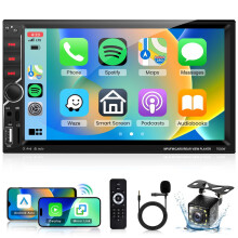 Double Din Car Stereo with Wireless Carplay Android Auto, Podofo 7 inch HD IPS Touch Screen Bluetooth Radio, Mirror Link, FM, EQ Audio, SWC, Backup C
