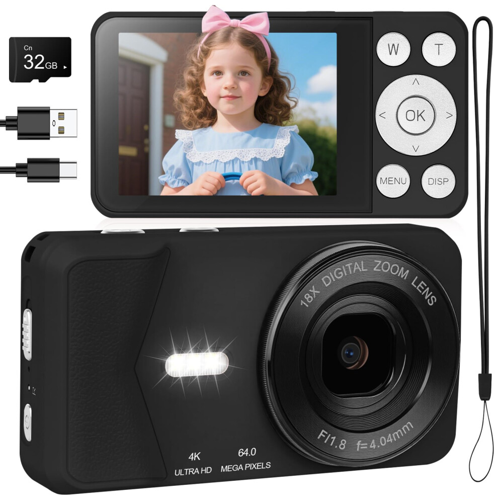 4K Digital Camera - 64Mp 2.8" Uhd Compact Cameras - Autofocus Rechargeable Vlogging Camera With 32G Sd Card Portable Travel Mini Small Camera With 18 33564272