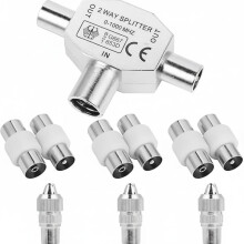 TV Aerial Splitter - 2-Way, 1 Female to 2 Male Coaxial Aerial Splitter with 7pcs TV Aerial Connector Adapter, Compatible with Cable TV & Antenna, Sig