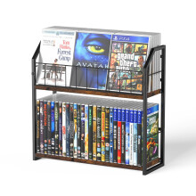 TJ.MOREE 2 Tier 56 Capacity DVD Rack/Storage/Holder and Vinyl Record Storage, Industrial Retro Carbon Steel/Wood, Space Saving Desktop Organizer