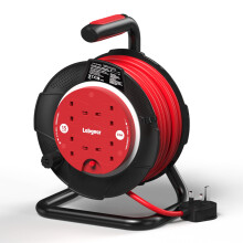 Labgear Extension Lead 15m Heavy Duty Cable Reel 4 Socket 13A Power Reel with Thermal Cut-Out Protection, Durable Drum and Carry Handle Black/Red