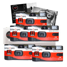 Disposable Camera Bundle with Swiss+Pro Disposable Camera Single-Use Film Cameras with 27 Exposures and Clikoze Disposable Photography Tips Card (5 P