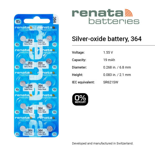 Renata 364 SR621SW Silver Oxide Watch Battery 1.55V (2 Pack) 1