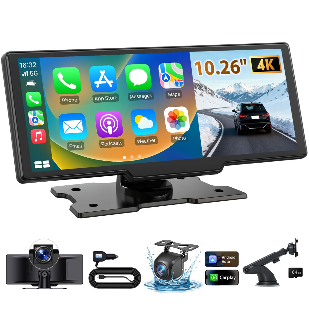 Wireless Carplay & Android Auto 10.26" Screen | Apple Car Play With 4K Dash Cam & Reversing Camera | Gps Navigation & Voice Control | Carplay Screen 45328534