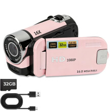 Fulkued Camcorder Video Camera, 1080P 16MP DV Digital Camera, 2.4 Inch Recorder 270 Degrees, 16X Kids Vlogging Video Camer with Fill Light & 16GB SD