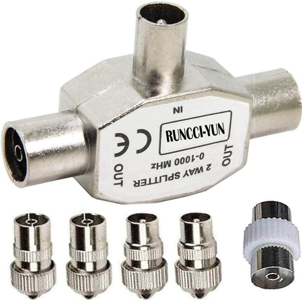 Runcci-Yun Aerial Splitter, Tv Aerial Coax Splitter, Metal Housing, 2 Way 1 Male To 2 Female Connector +5Pcs Tv Aerial Connectors Accessories 5006940359692
