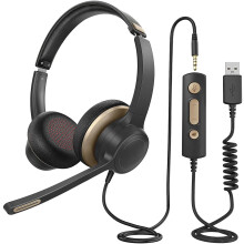 RigWig HC6 Headset with Noise Reduction Mic Adjustable Headband, Line Control, Microphone for Call Centre, Skype/Webinar, Team call (Black/Gold)