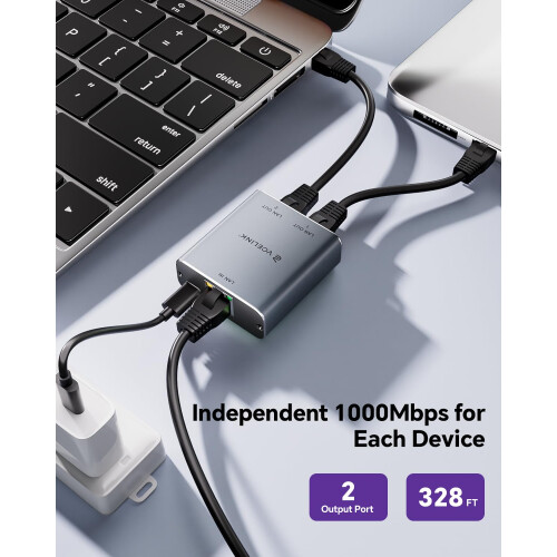 VCELINK Ethernet Splitter 1000Mbps 1 to 2 Supports 2 Devices Simultaneously Networking, Internet Switch Compatible with Cat6/Cat5e/Cat5, Includes a P 1