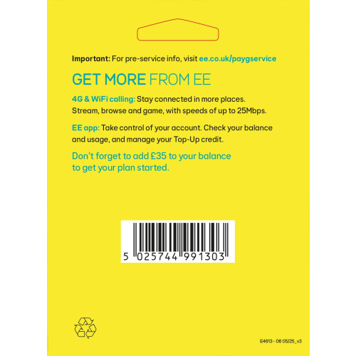 EE EE 35 Unlimited Data, Calls and Texts Pay As You Go Sim Card 1