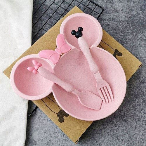 Cartoon Bowl Tableware Set Wheat Straw Dishes Dinner Feeding Plate Bowknot Food Plate Spoon Fork 2