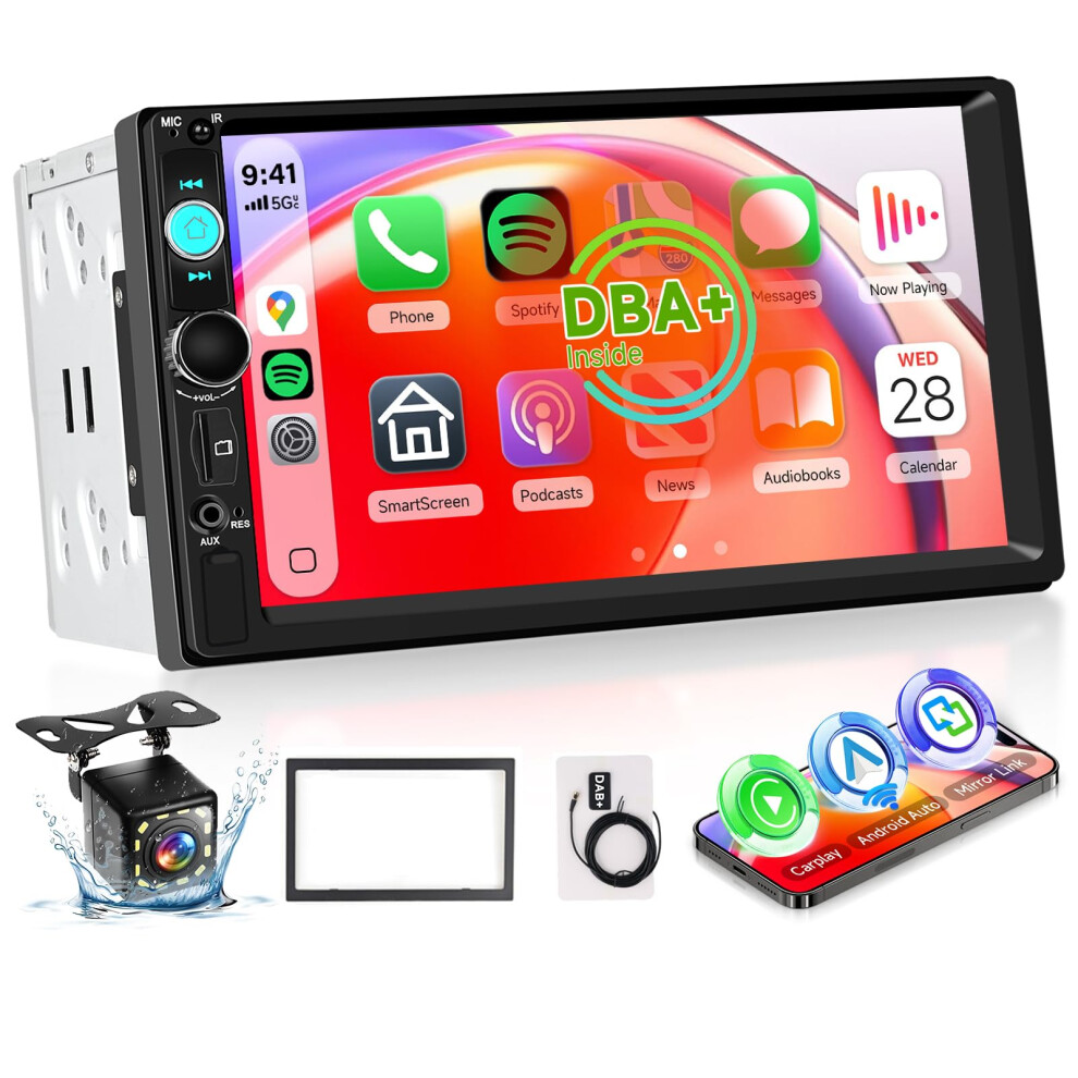Dab Double Din Car Stereo With Apple Carplay Wireless Android Auto, Hodozzy 7" Hd Ips Touchscreen 2 Din Car Radio With Bluetooth 5.2 Eq Fm Swc Revers Gold/Red/White 57600567