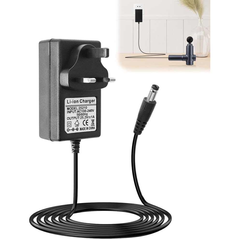 Jcsjk Massage Gun Charger Adapter, 25.2V 1A Electric Massagers Battery Adaptor Cable With Led Indicator, Universal Uk Replacement Charging Power Supply (25